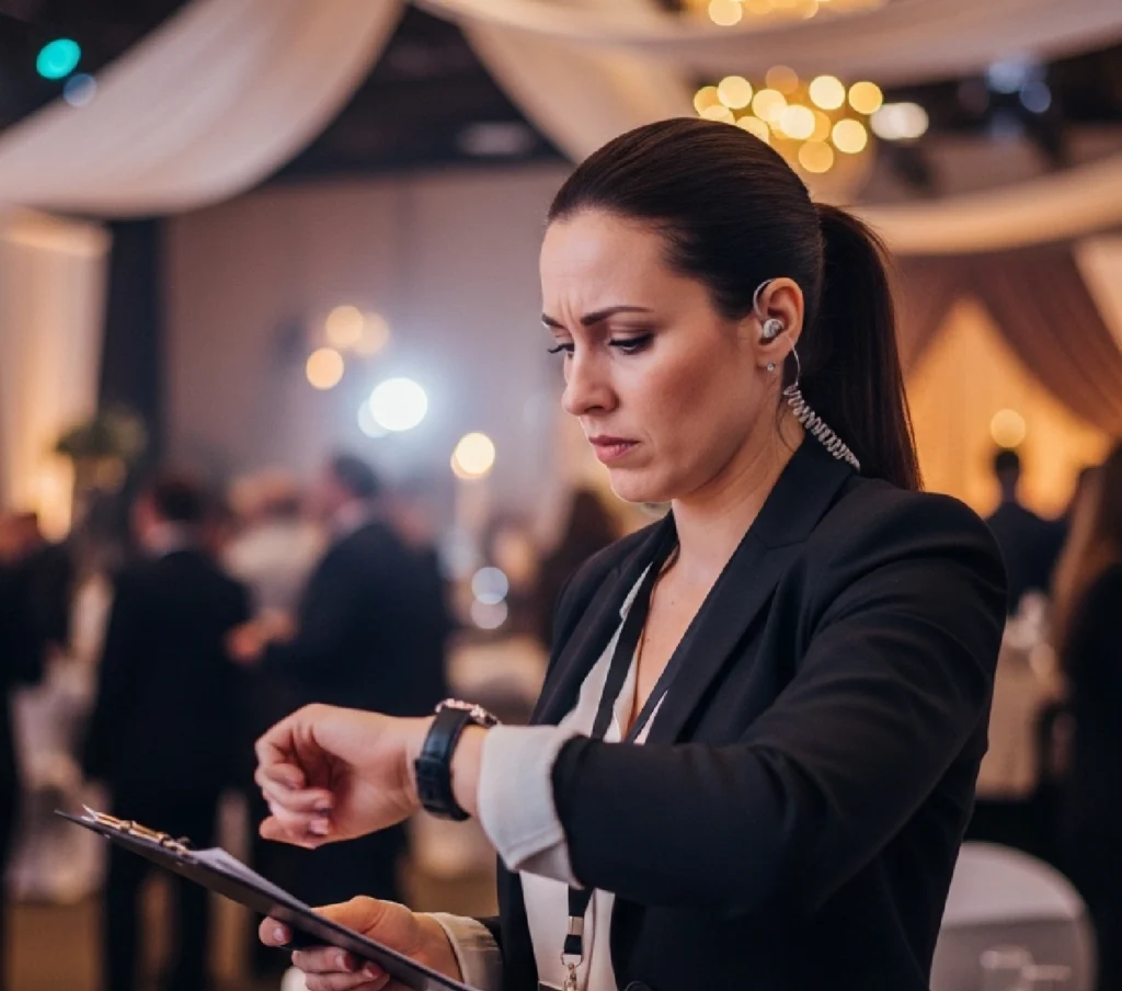 Mujer-revisando-reloj-en-evento